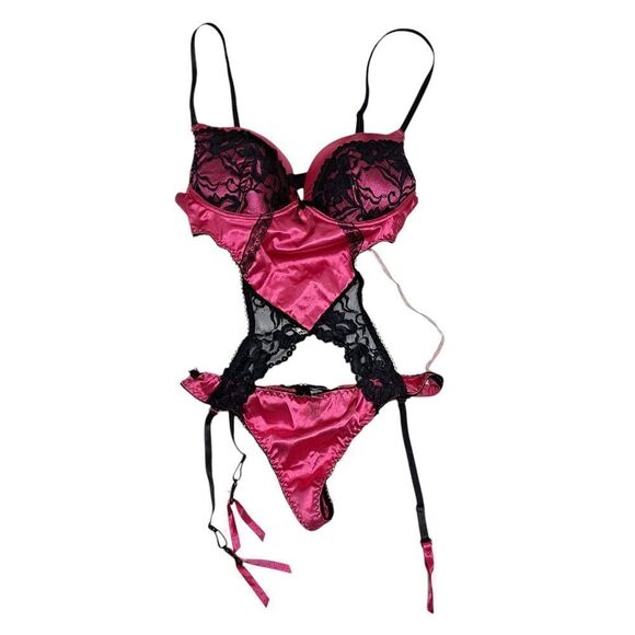 Body Rage Intimates Sexy Bodysuit Mesh Vixen Whimsygoth Lace Trim Large Pink/Bla - Picture 6 of 15